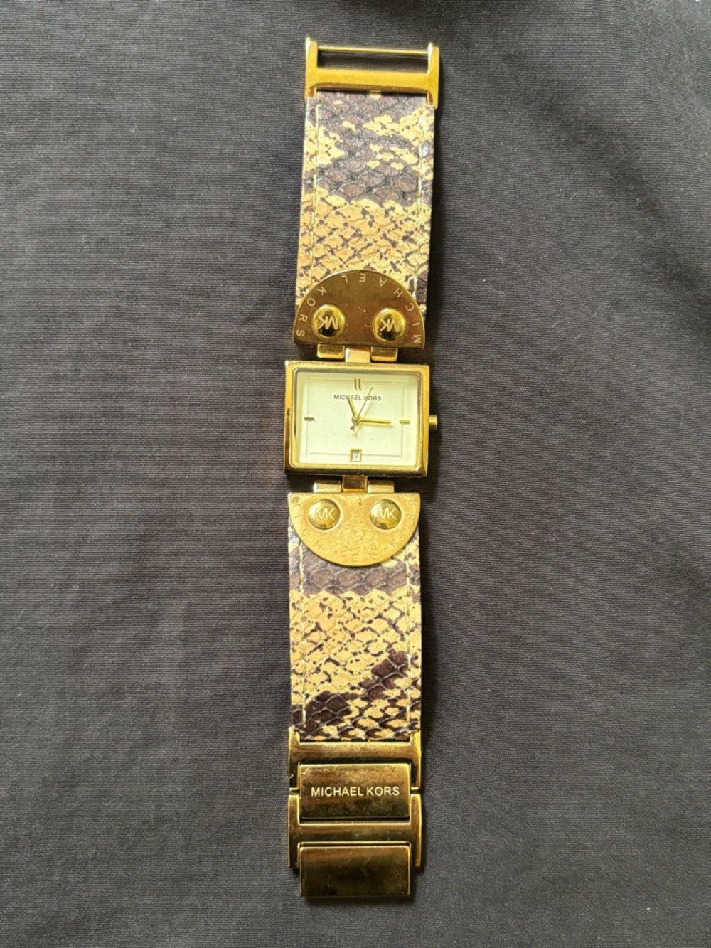 Michael Kors White Date Dial Brown Leather Gold Steel Square Watch MK2114